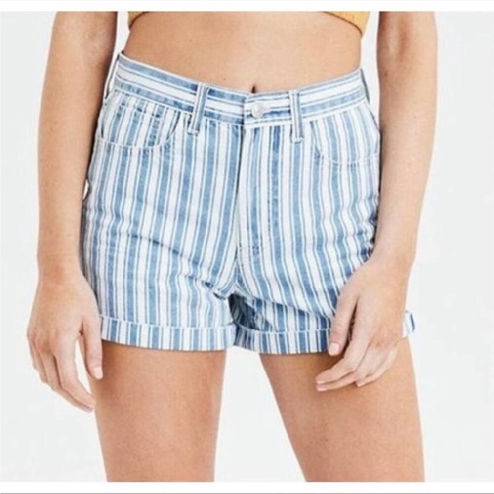 American Eagle Striped Mom Shorts Blue & White High Waist Cotton Casual Size 8